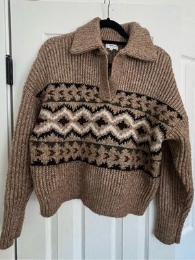 Women’s Taupe Patterned Knit Pullover Sweater with Collar